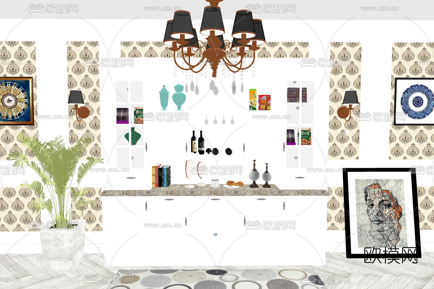 欧式装饰酒柜su模型下载