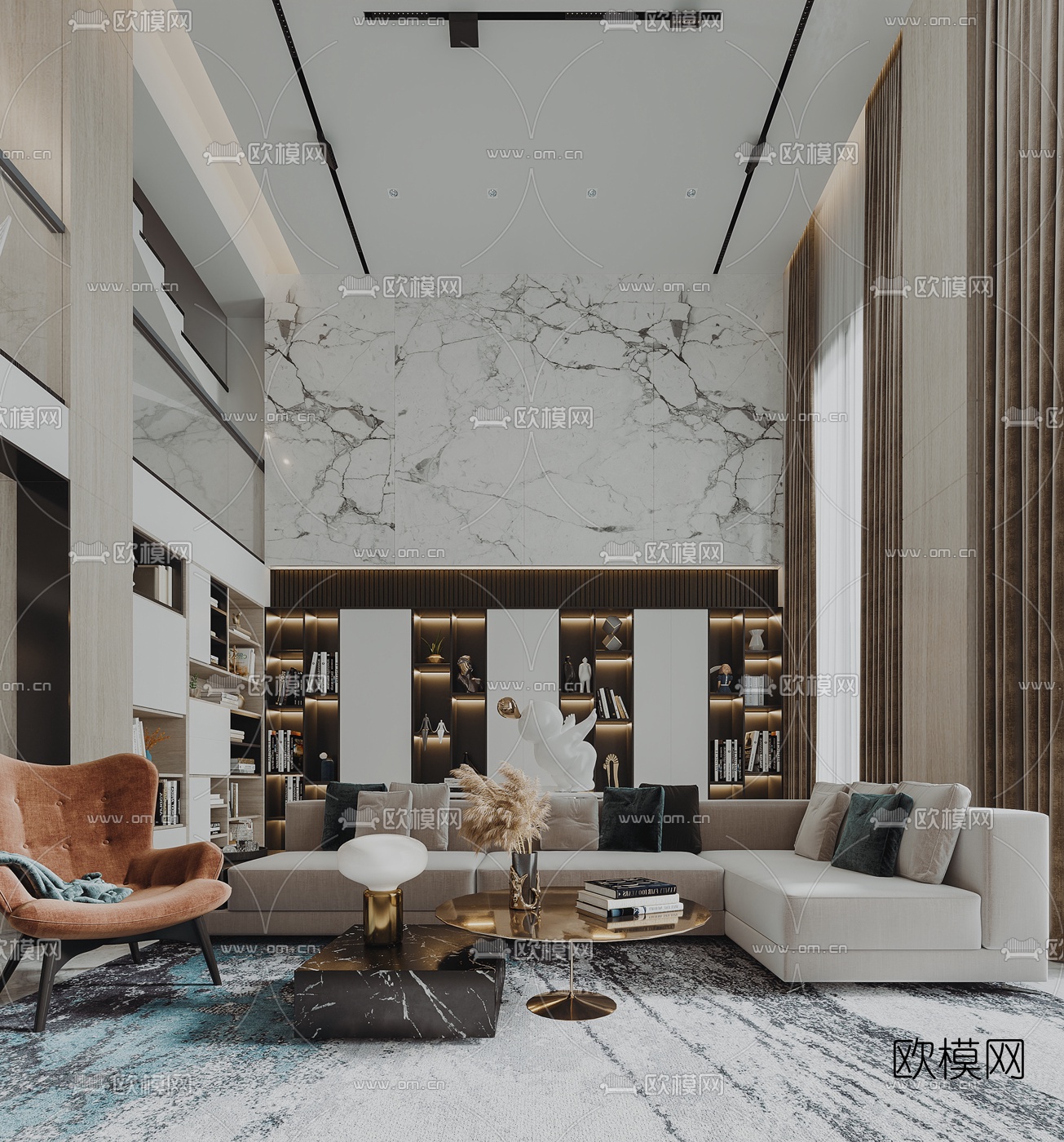 现代轻奢别墅大堂餐厅3d模型下载（渲染图1）