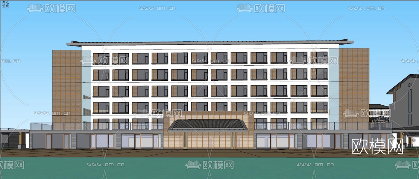 新中式养老中心外观su模型下载（渲染图4）