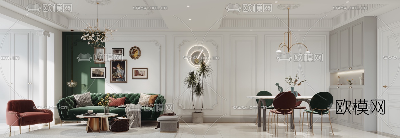 简欧客厅餐厅3d模型下载（渲染图1）