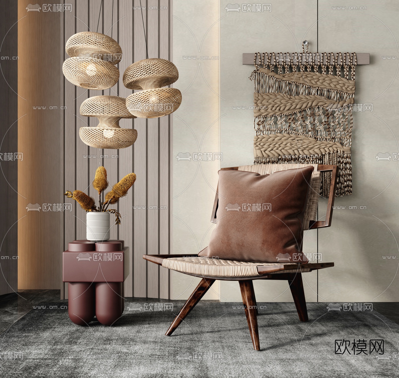 东南亚藤编靠背休闲椅3d模型下载