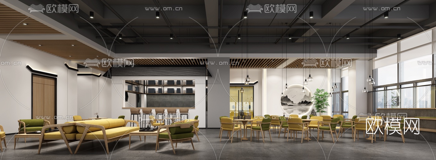 新中式办公洽谈室休息室3d模型下载（渲染图1）