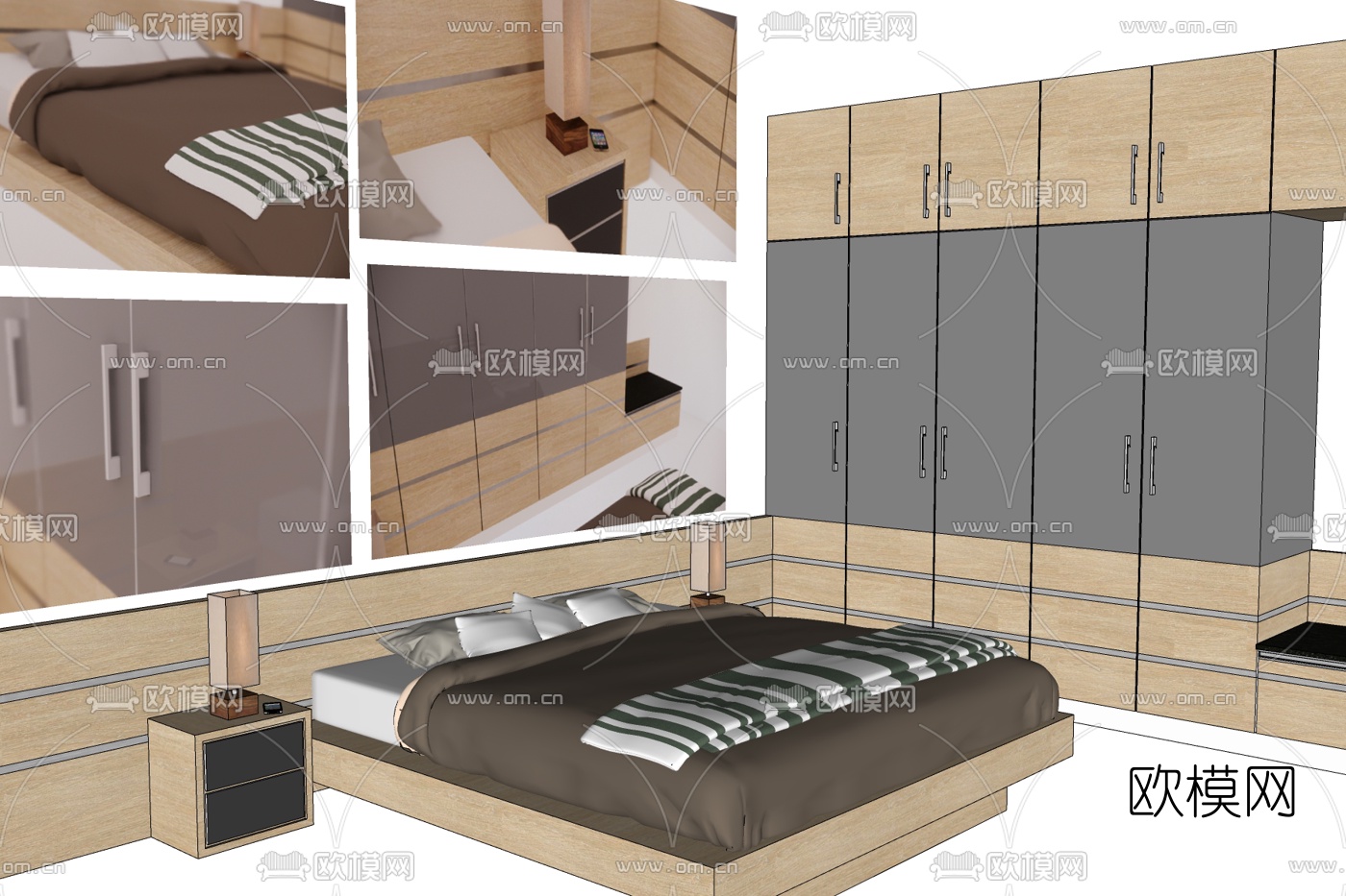 现代原木双人床免费su模型下载