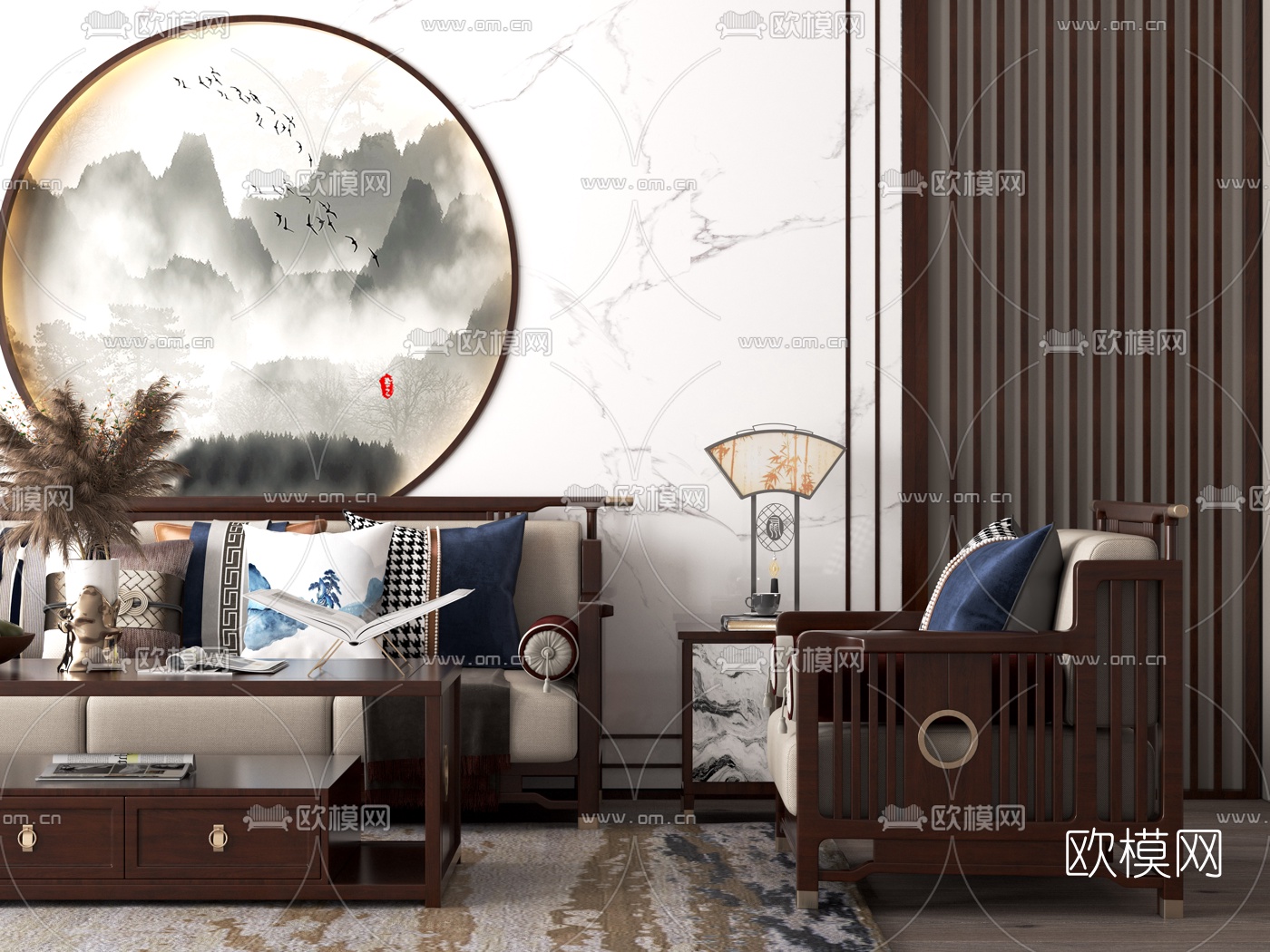 新中式布艺沙发组合3d模型下载（渲染图3）