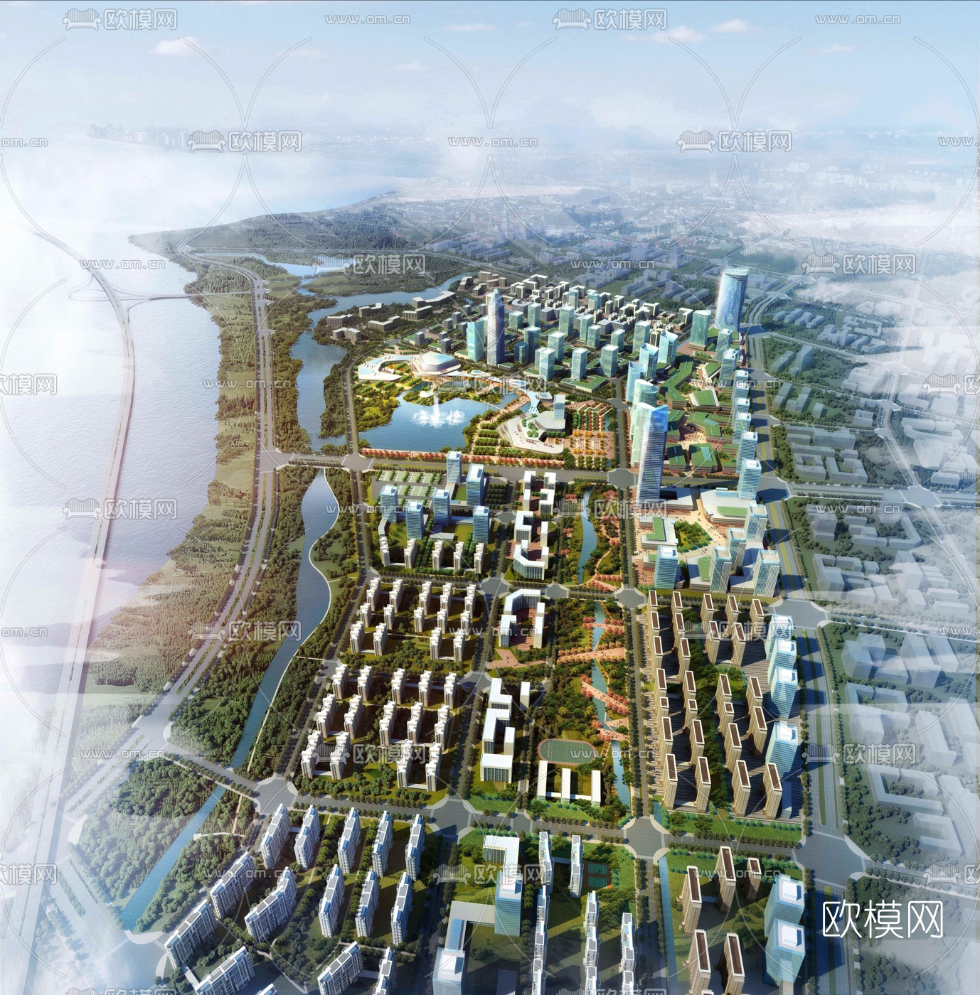 现代城市鸟瞰规划3d模型下载