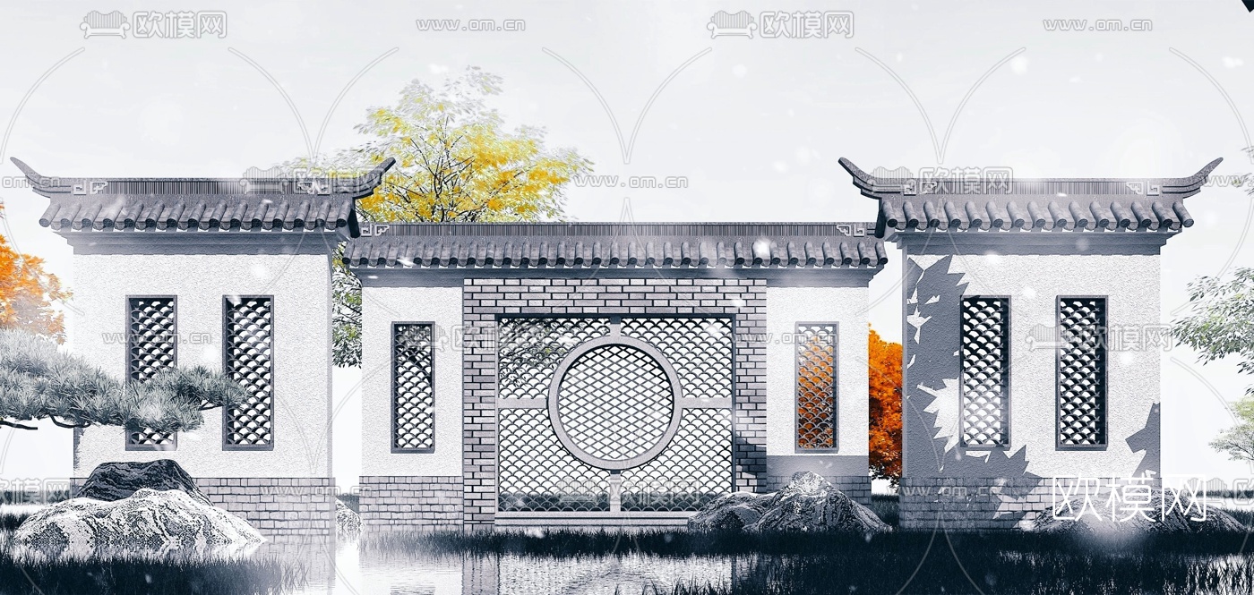 中式影壁墙景观墙3d模型