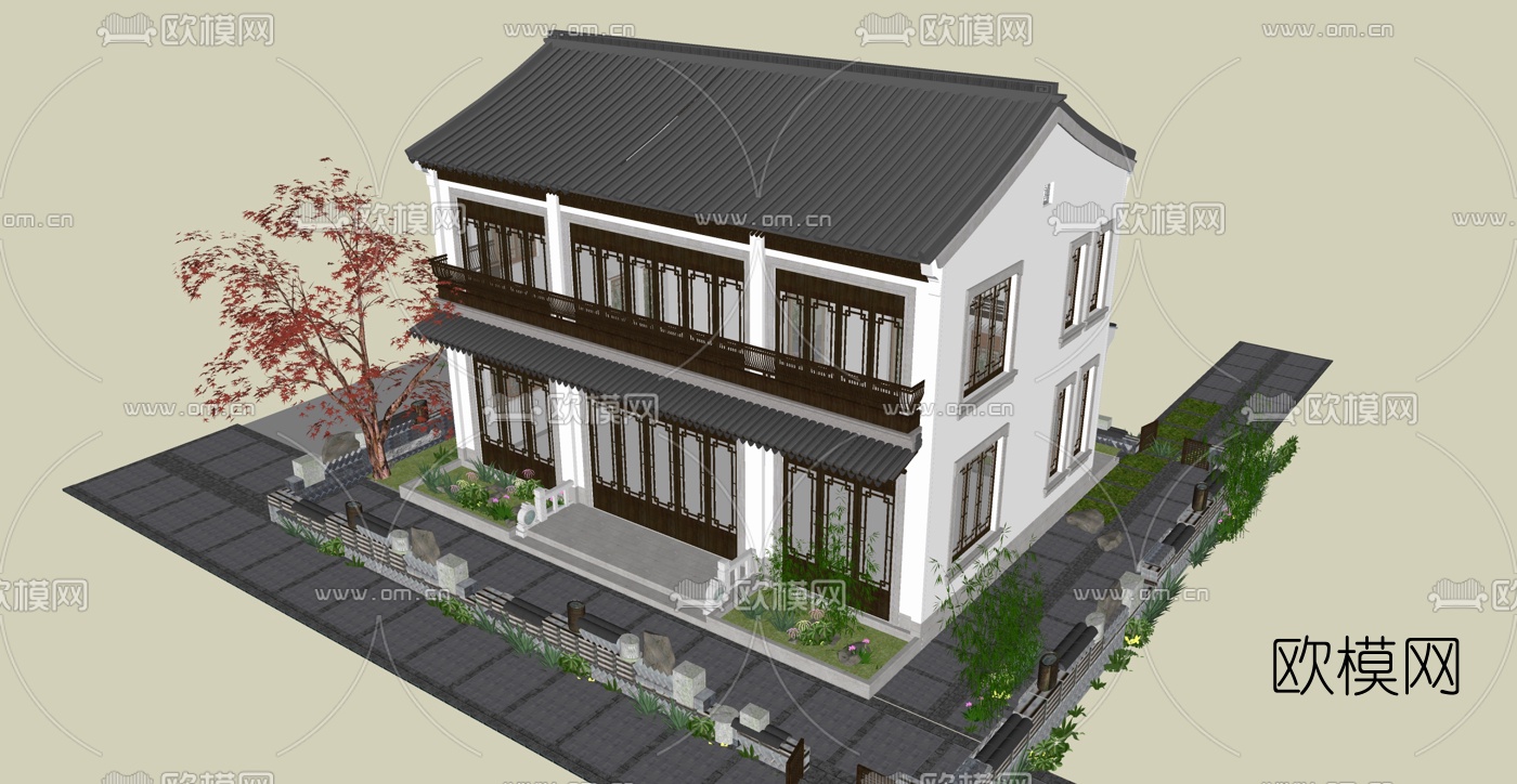 中式民宿建筑外观su模型下载（渲染图2）