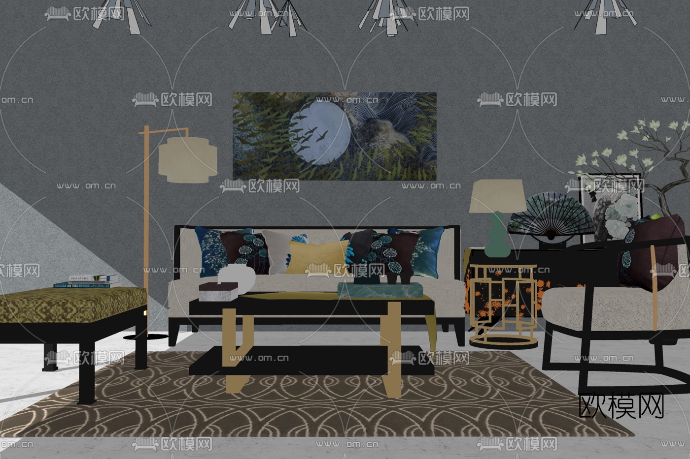 新中式布艺组合沙发免费su模型下载