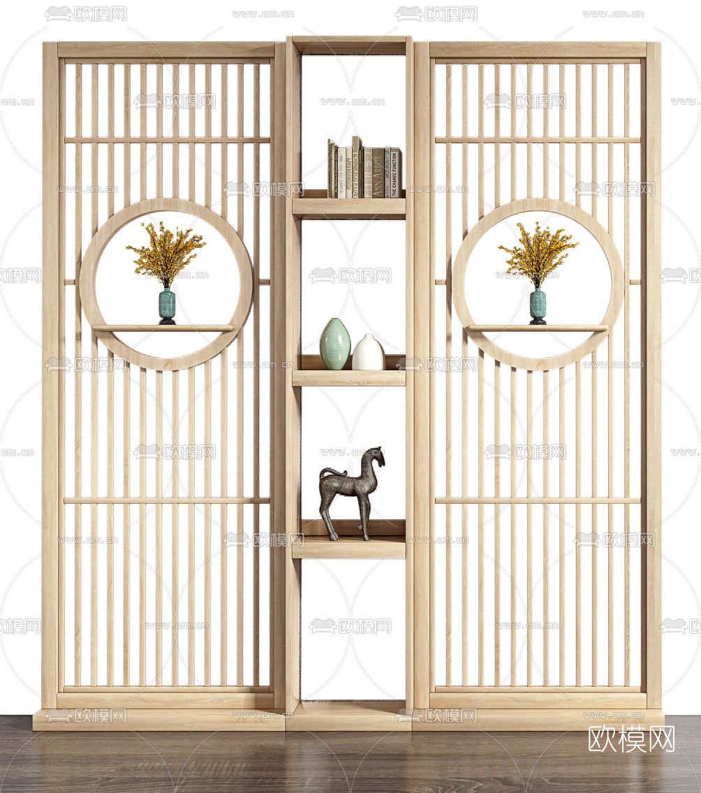 新中式实木屏风隔断3d模型下载（渲染图2）
