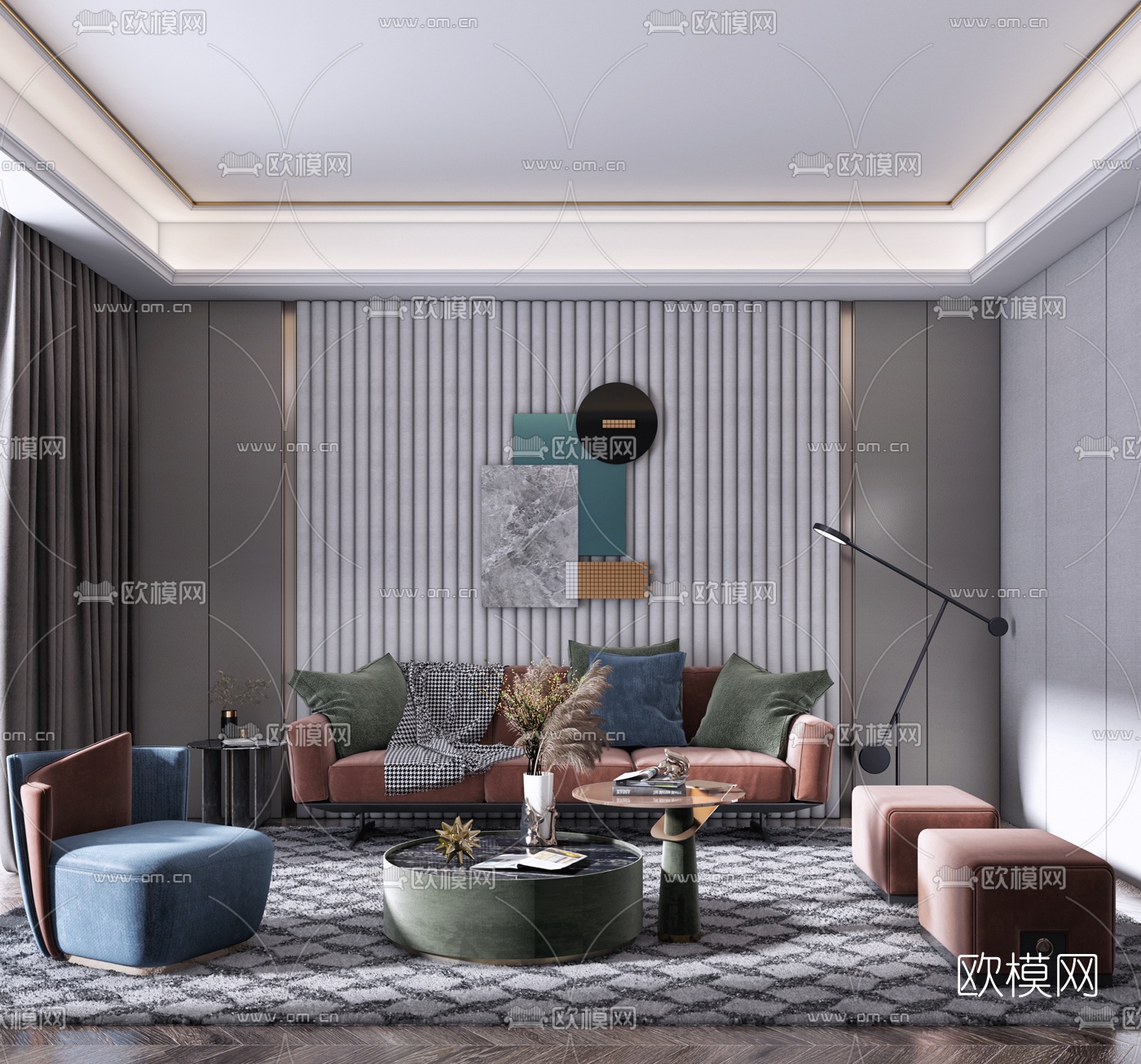 现代布艺沙发组合3d模型下载