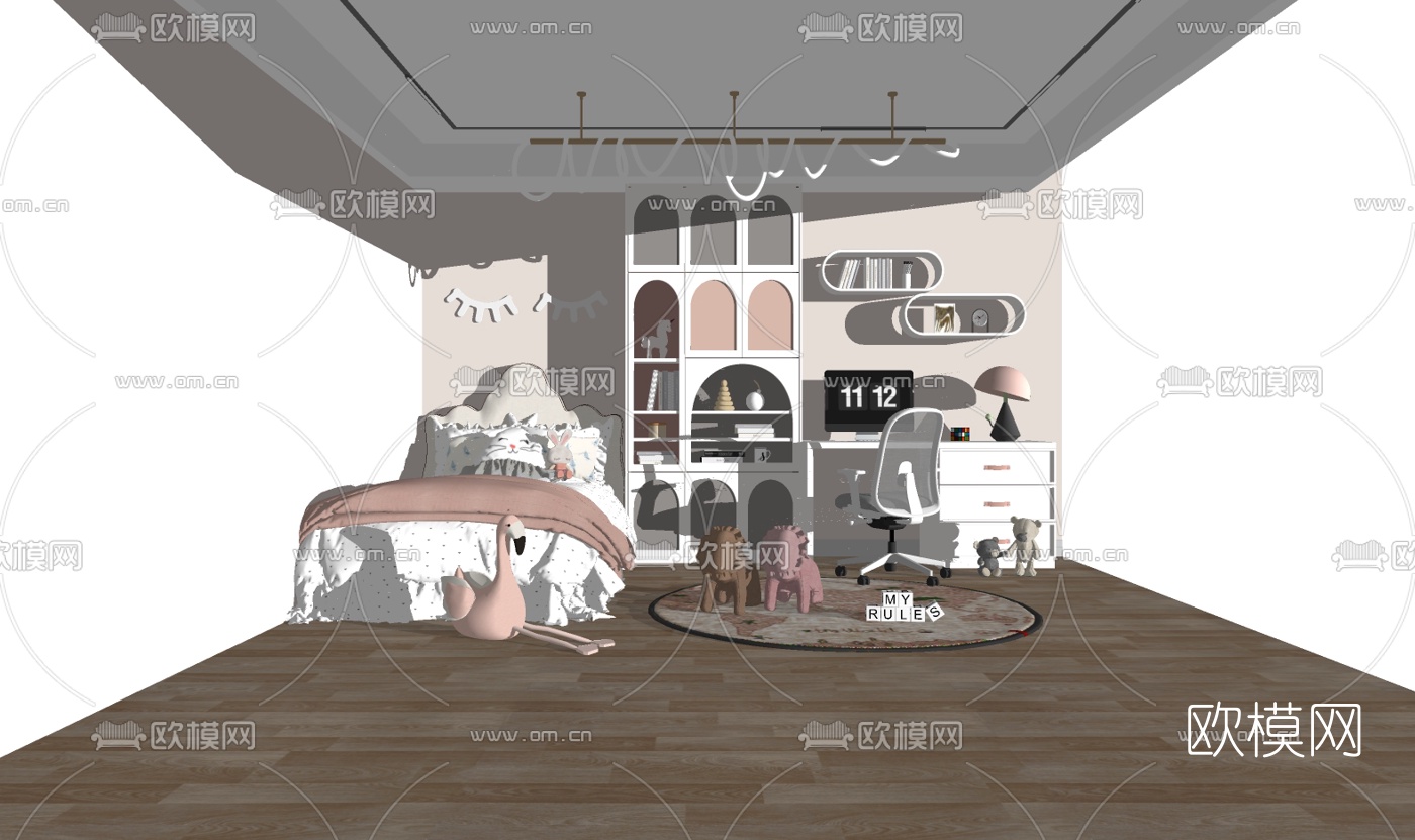 现代布艺儿童床su模型下载