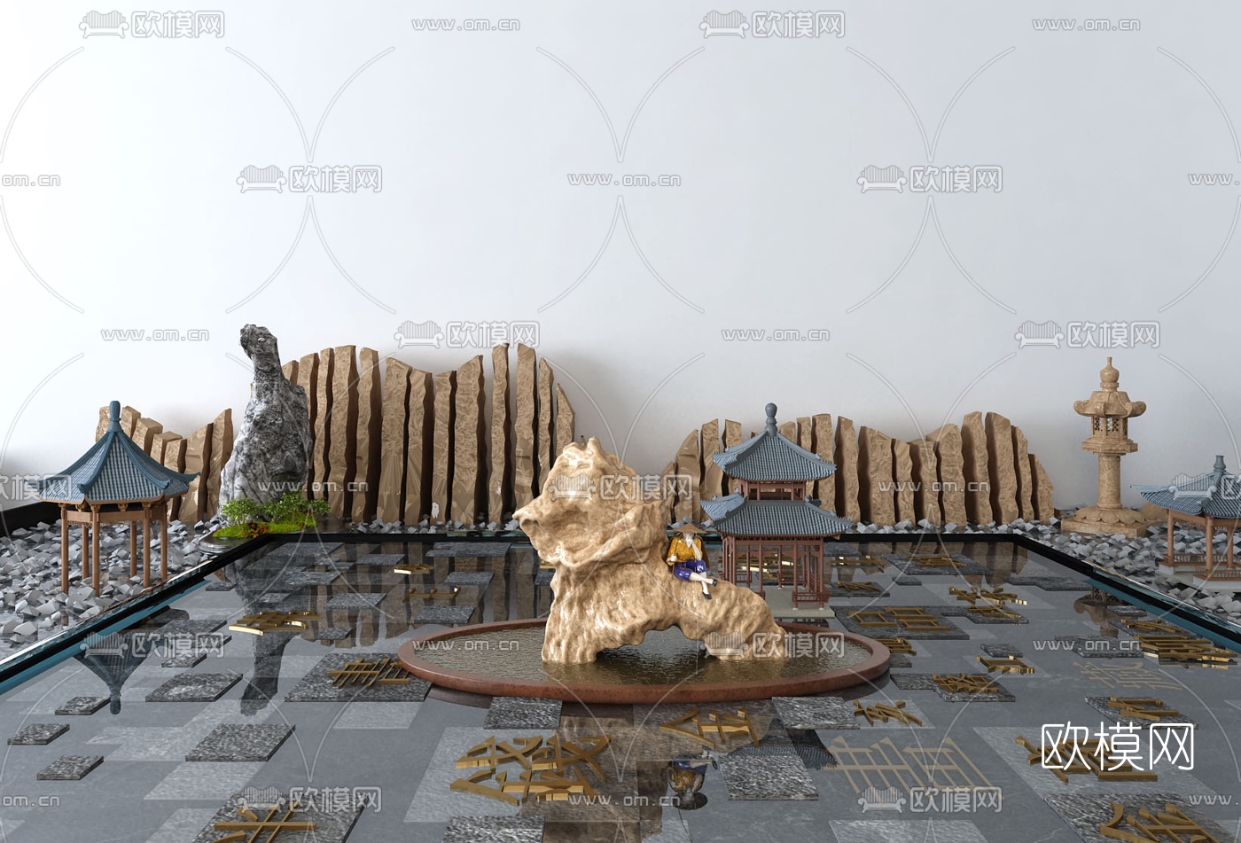 新中式狮雕石头凉亭小品3d模型
