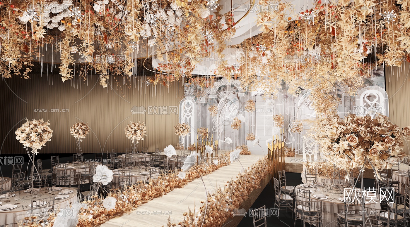 欧式婚礼美陈宴会厅3d模型下载（渲染图3）