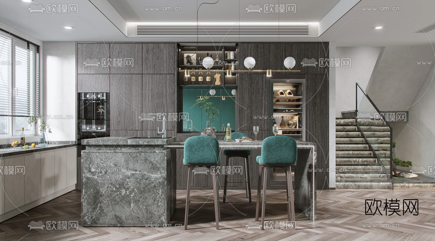 现代绿色轻奢复式客厅餐厅3d模型
