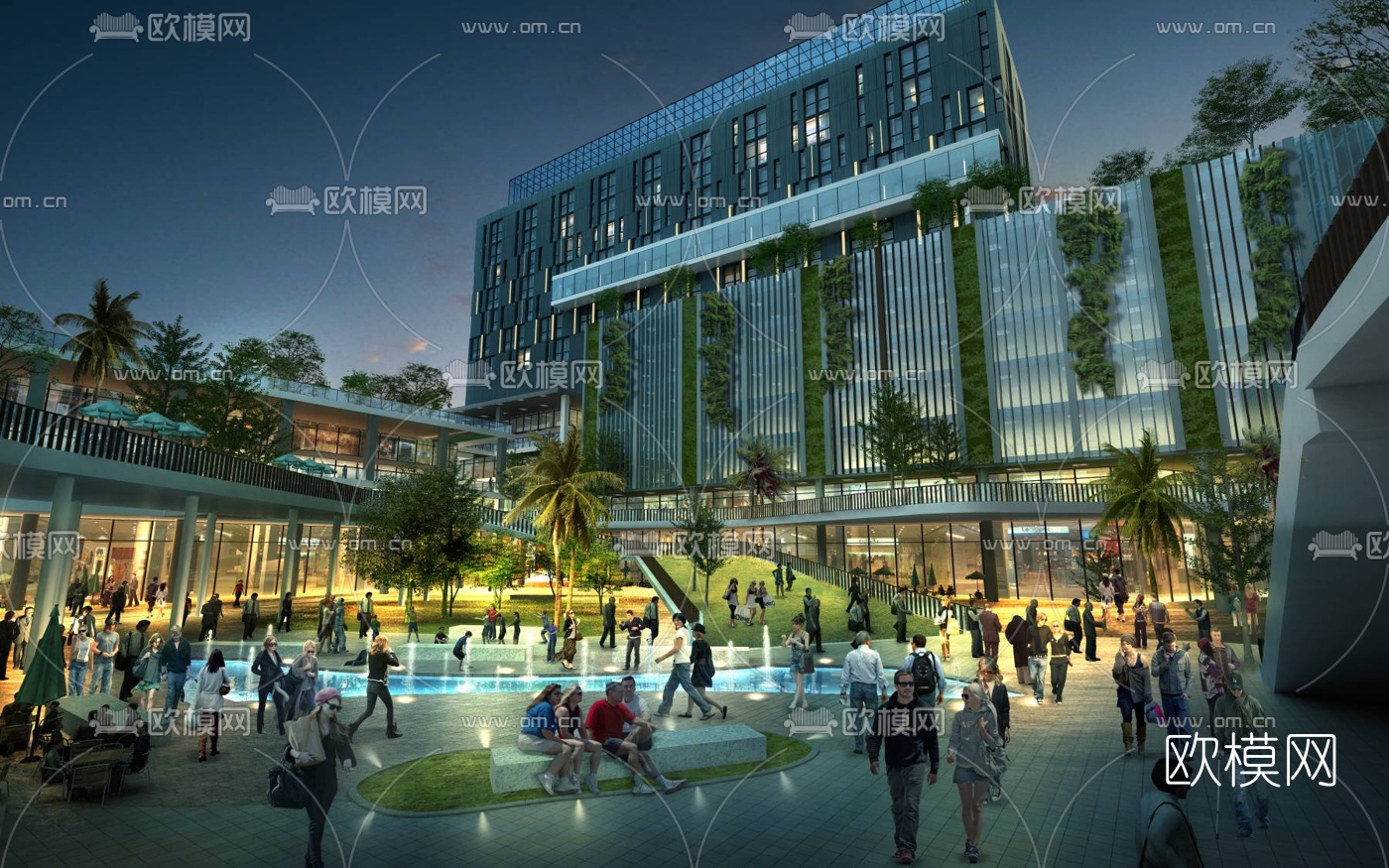 现代商业楼外观夜景3d模型