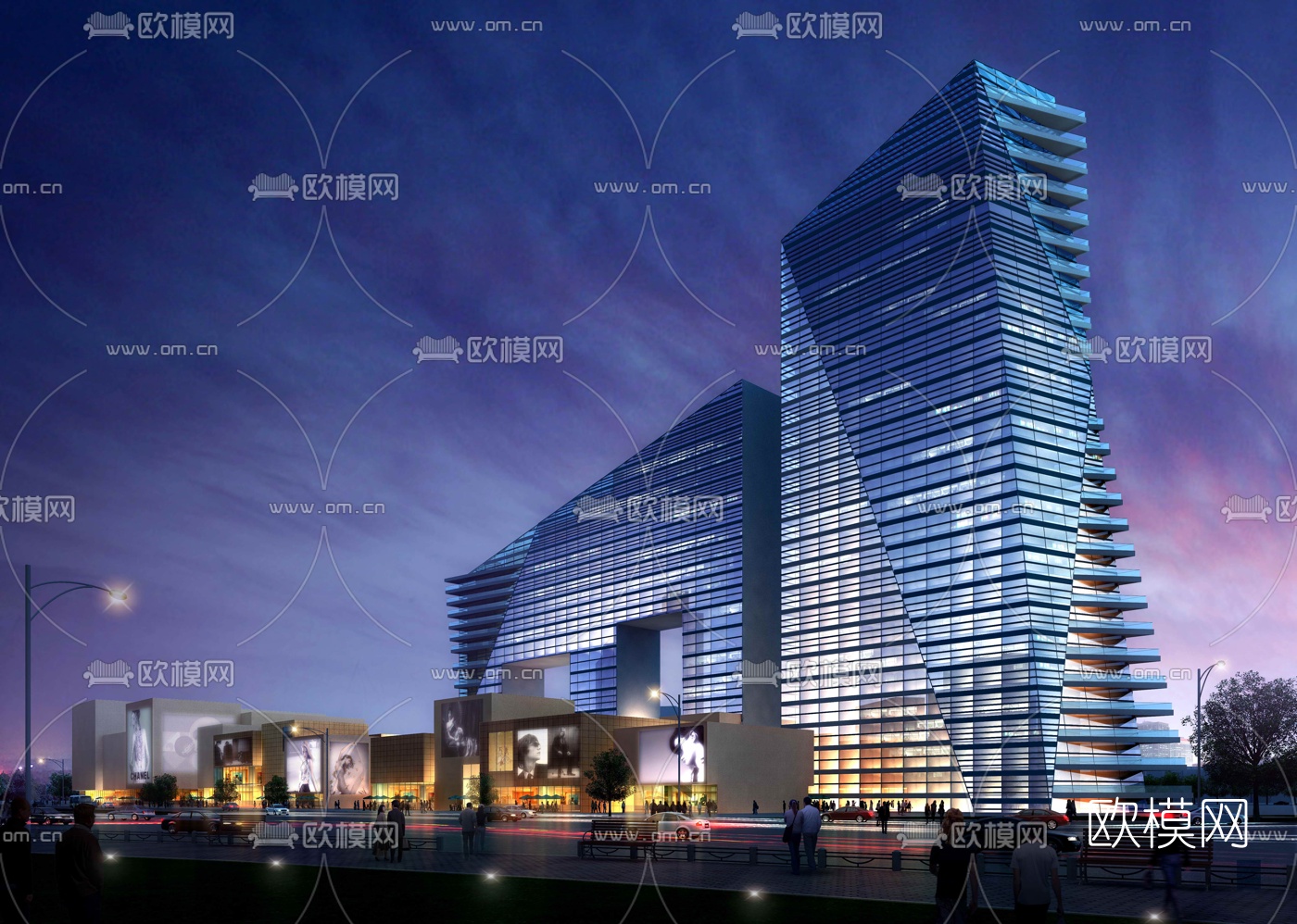 现代商业办公综合体外观夜景3d模型下载