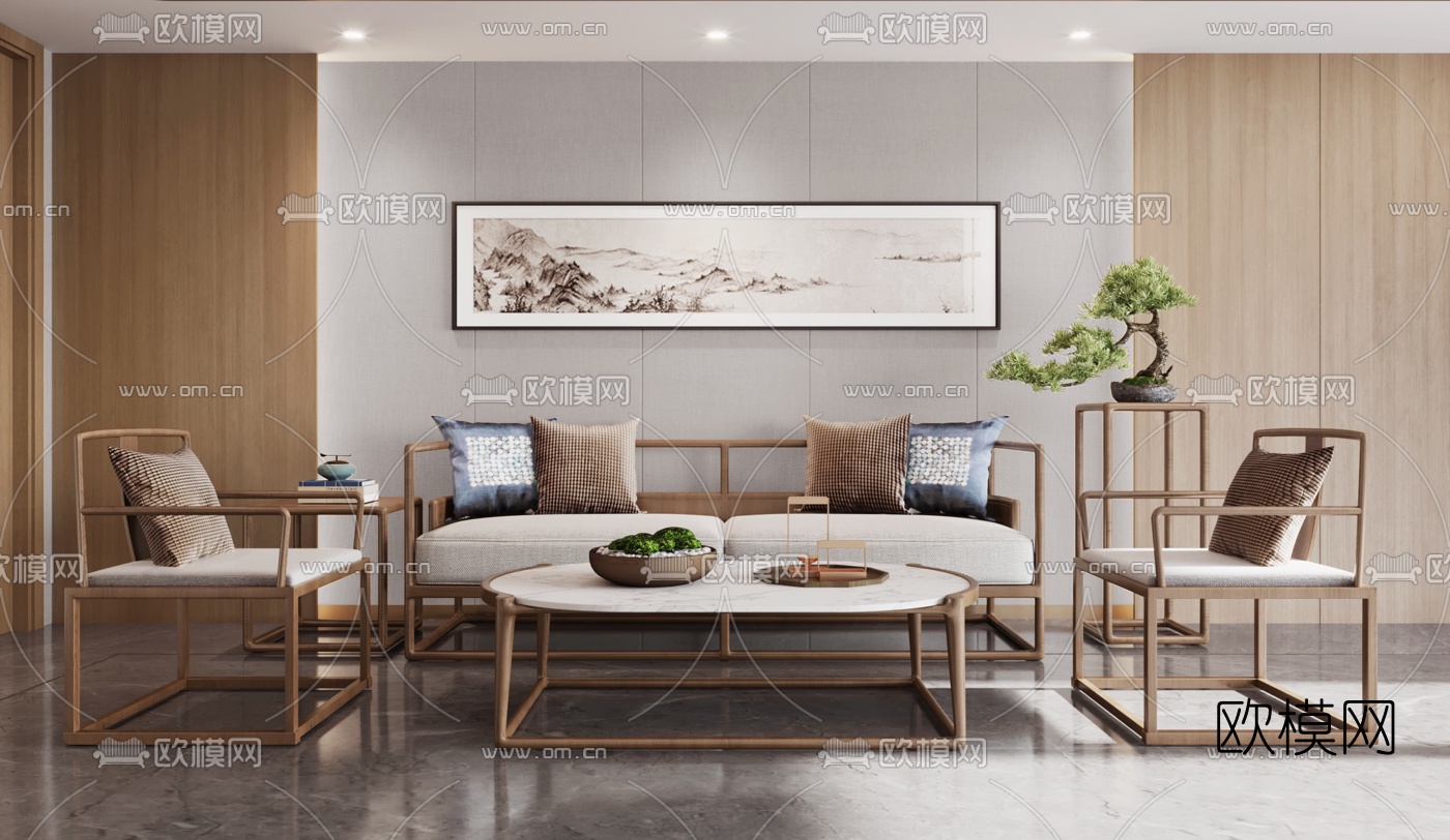 新中式布艺沙发组合3d模型