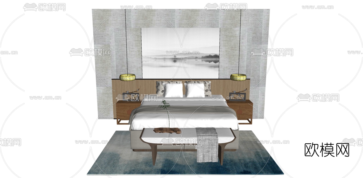 现代布艺双人床su模型下载