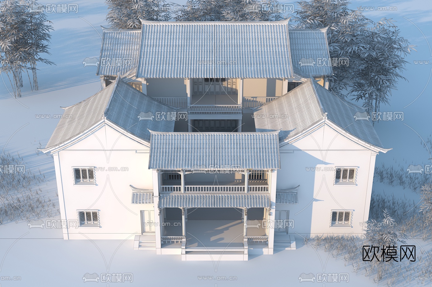 中式古建别墅外观3d模型下载（渲染图3）