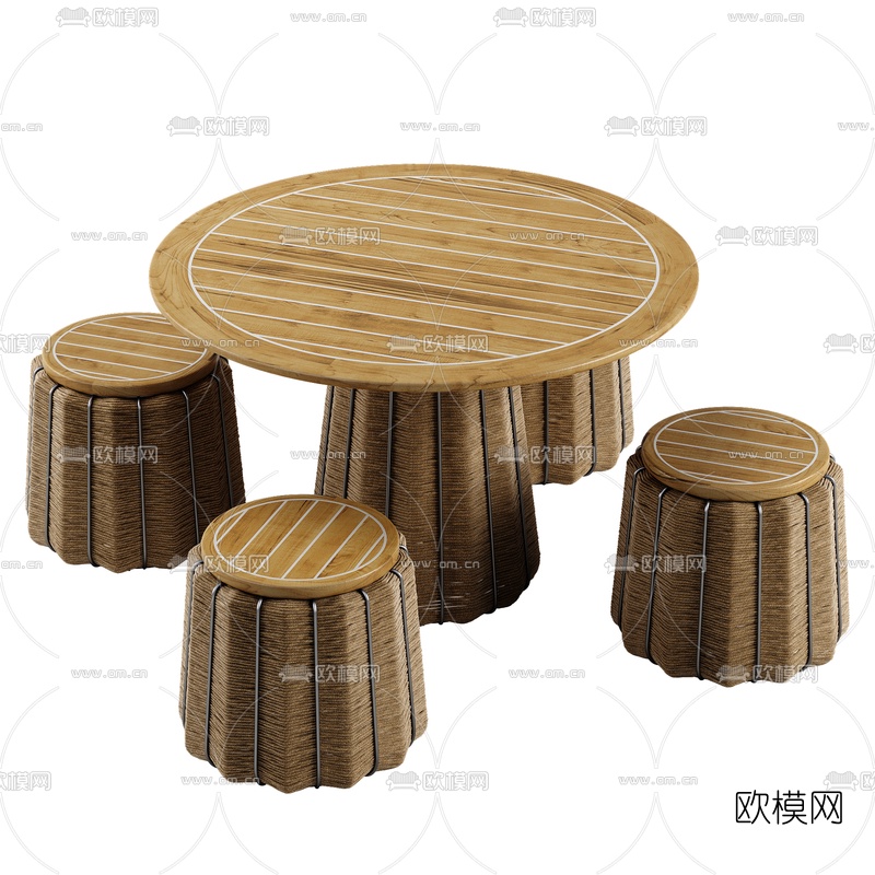 自然风户外编织餐桌餐椅3d模型下载（渲染图2）