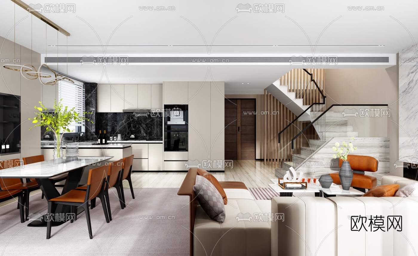 昊泽空间设计 现代复式客厅餐厅3d模型下载（渲染图3）