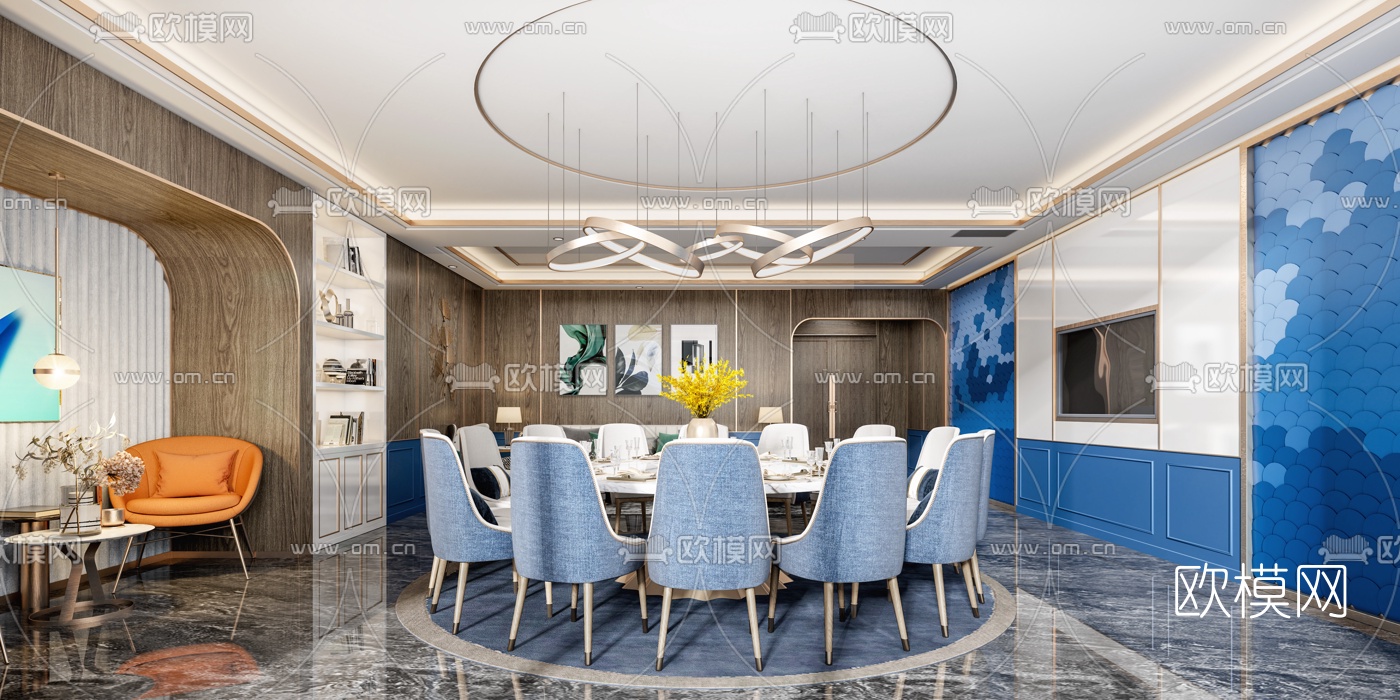 现代轻奢餐厅包房3d模型下载