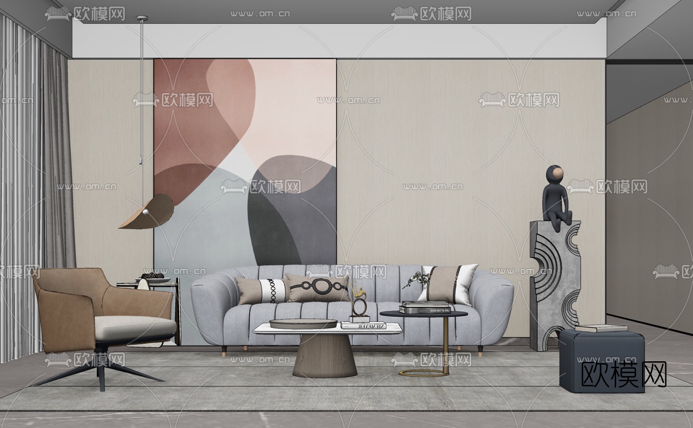 现代布艺组合沙发su模型下载（渲染图2）