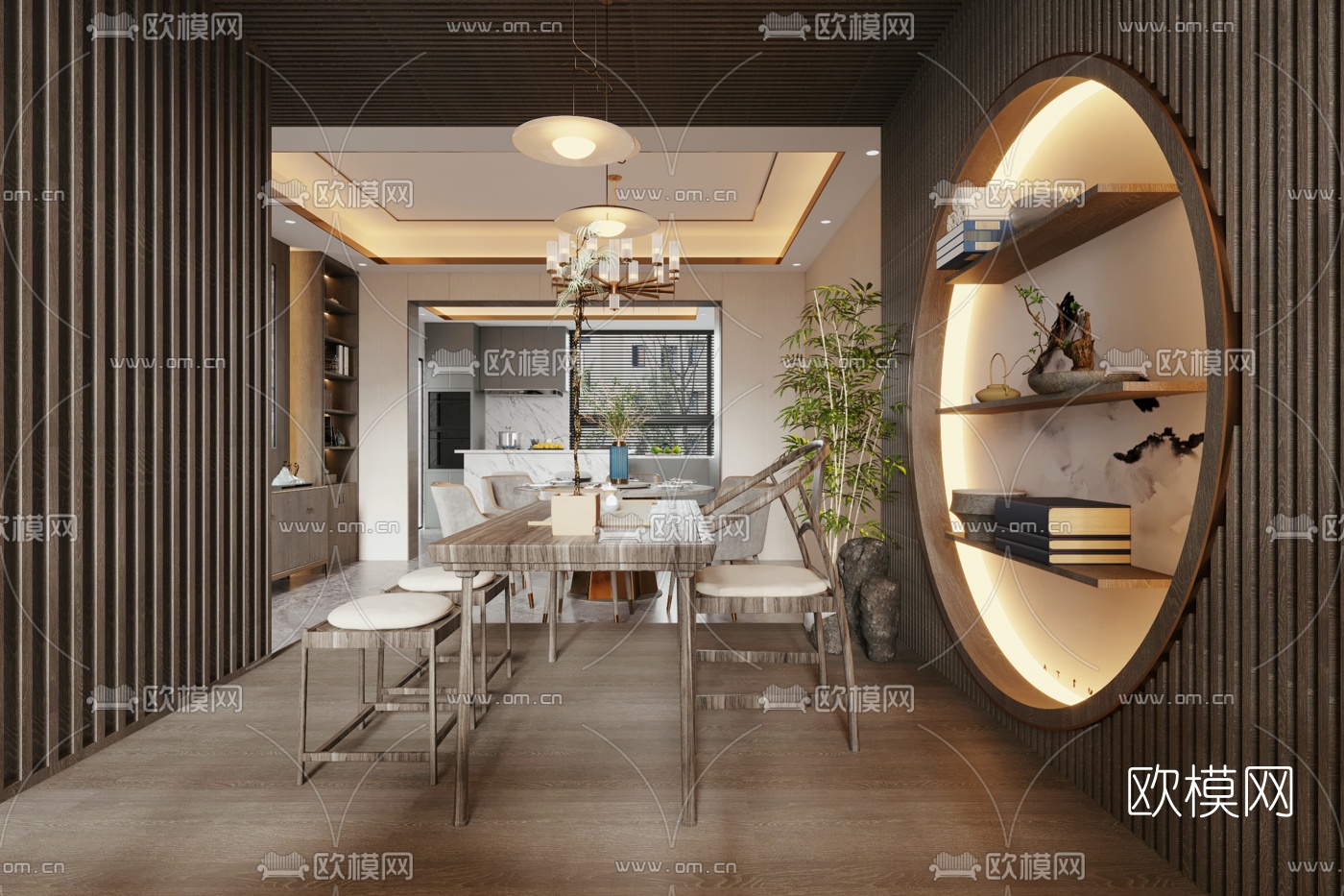 新中式别墅客厅餐厅3d模型