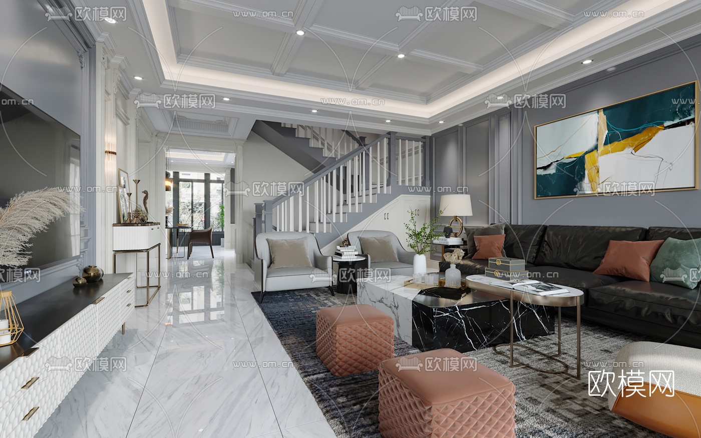 简欧轻奢客厅餐厅3d模型下载（渲染图1）