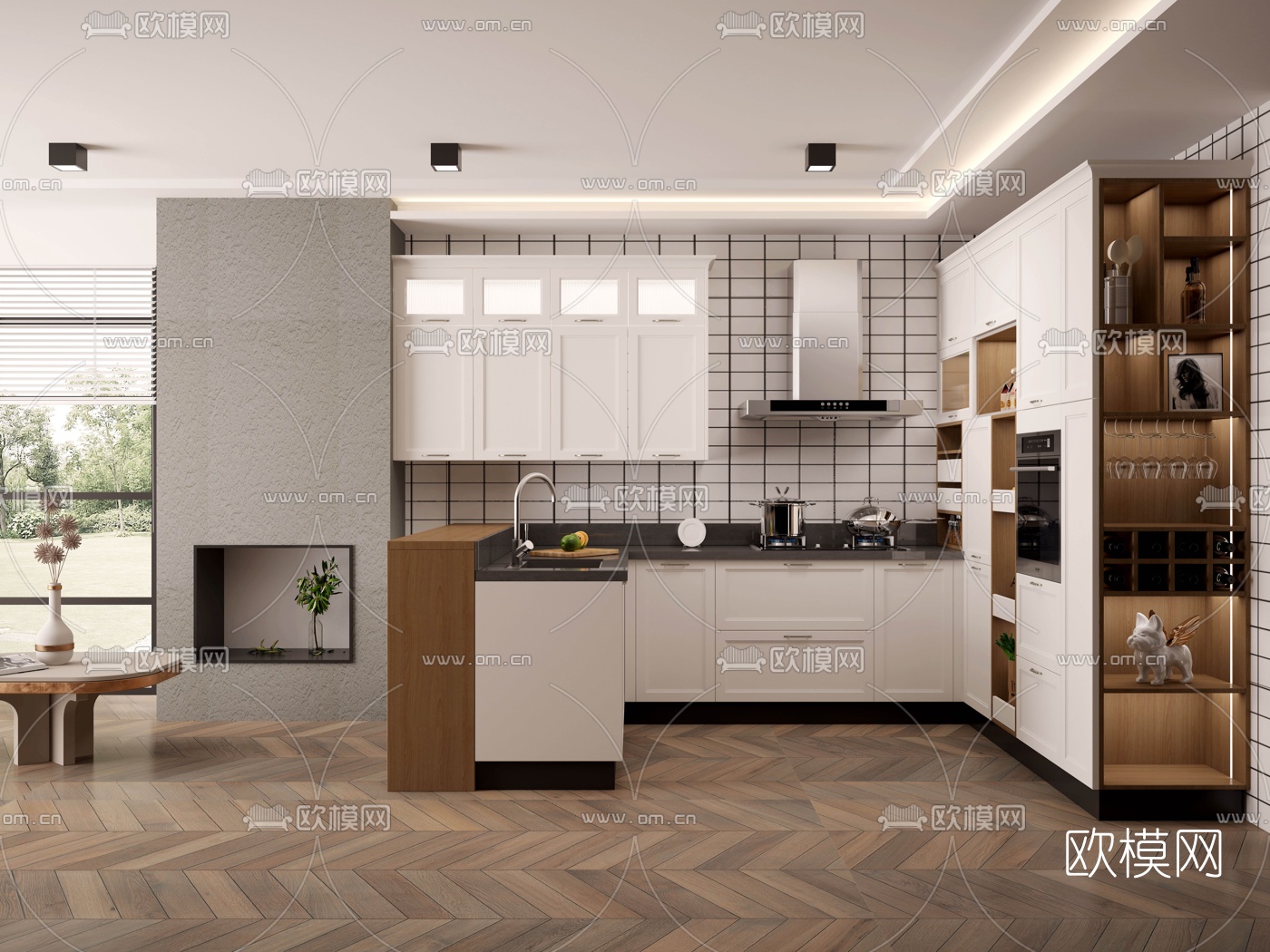 北欧轻奢厨房橱柜3d模型下载