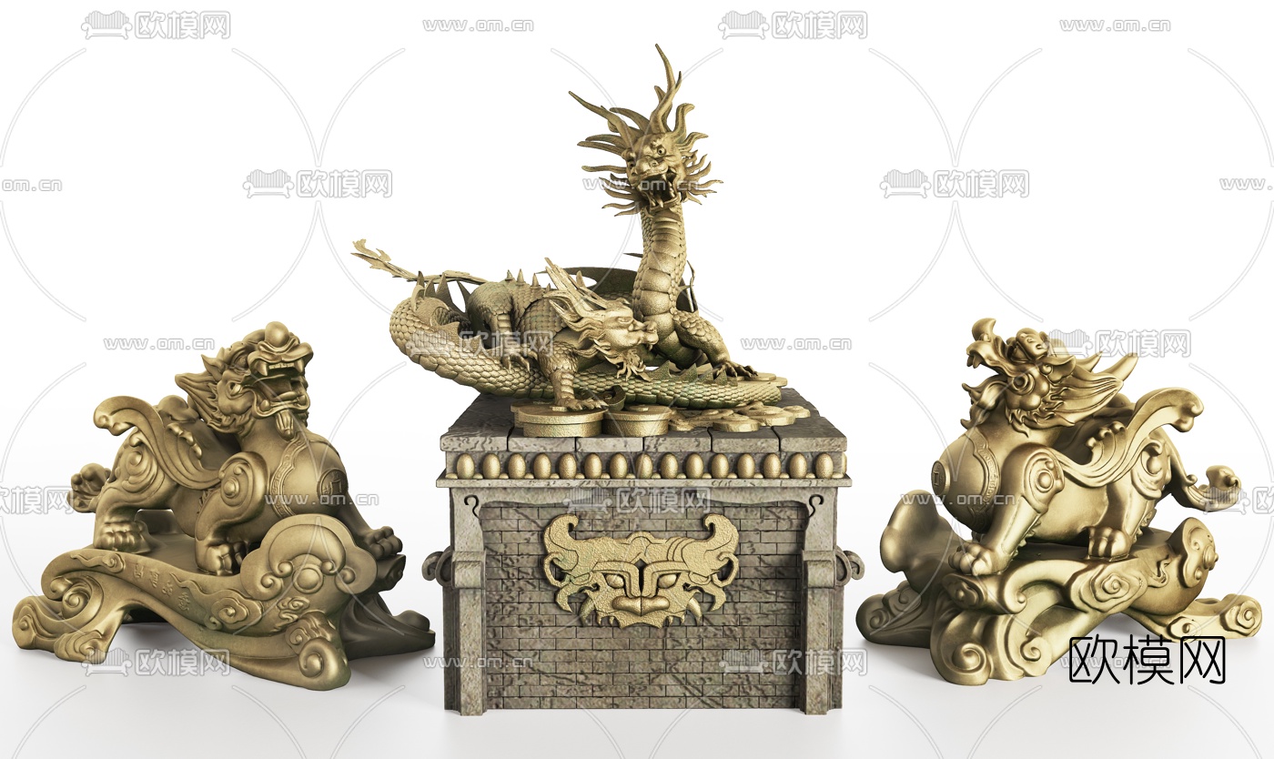 中式盘龙饕鬄神兽铜像雕塑3d模型下载（渲染图1）