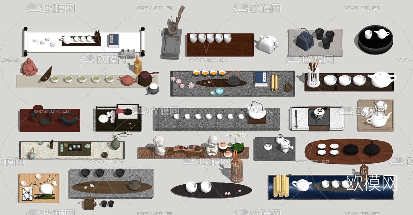 日式茶具茶壶托盘su模型下载