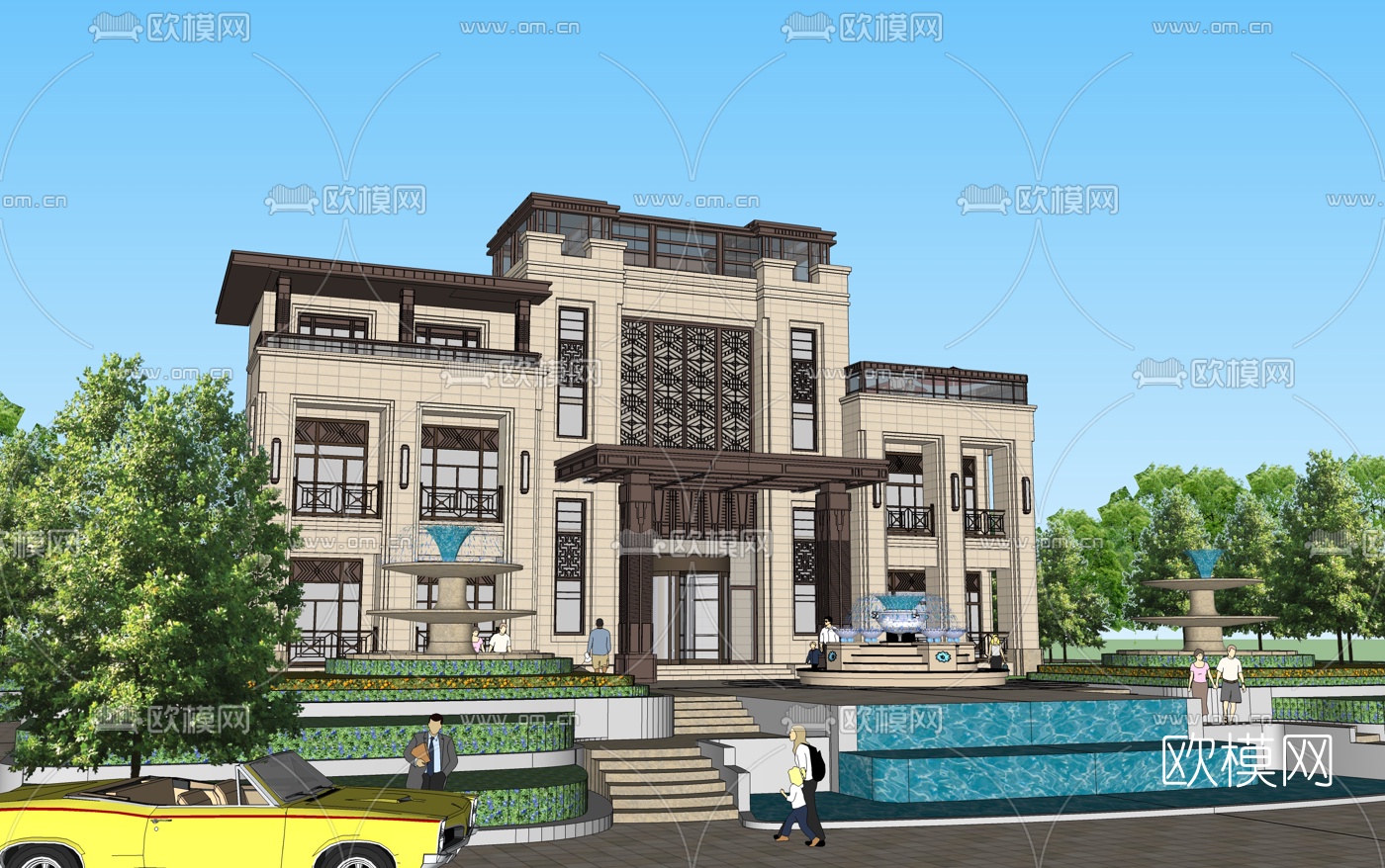 新中式别墅外观su模型下载（渲染图3）