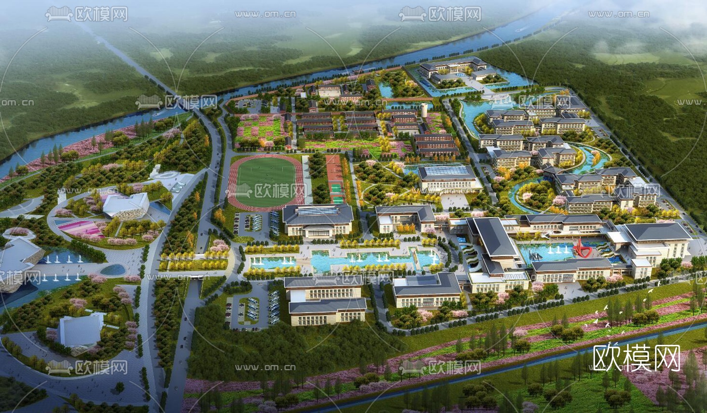 新中式学校鸟瞰su模型下载（渲染图2）