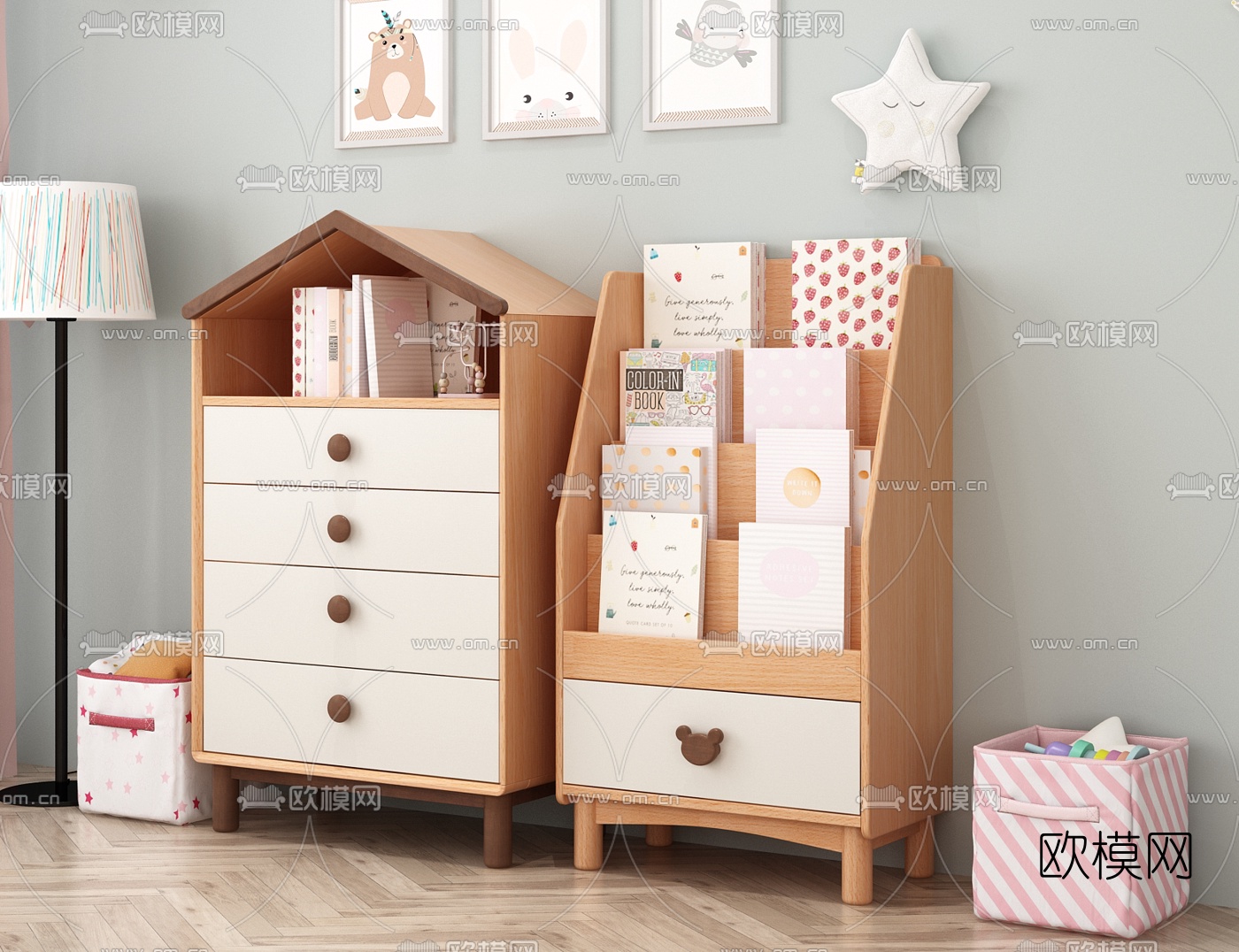 北欧儿童书柜收纳柜3d模型下载（渲染图2）