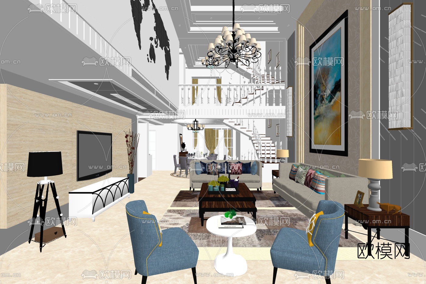 简欧别墅大堂su模型下载