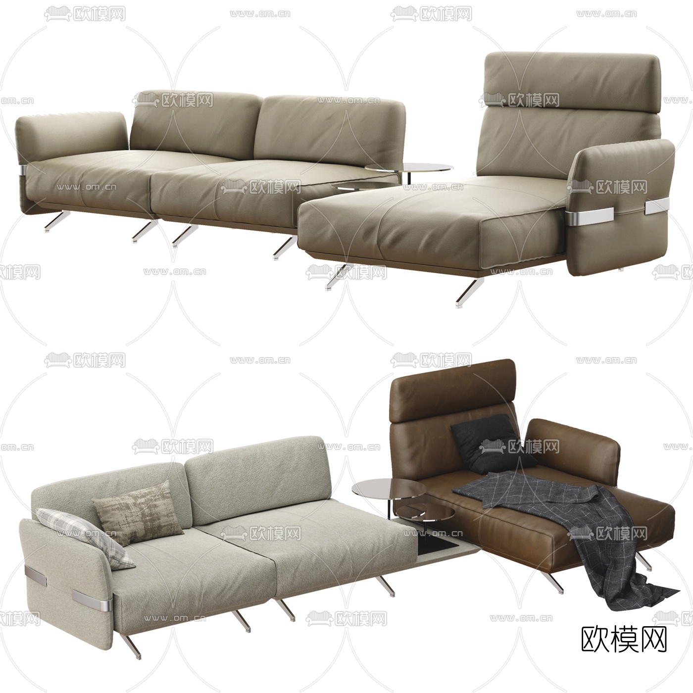 Natuzzi 现代皮革转角多人沙发3d模型下载（渲染图1）