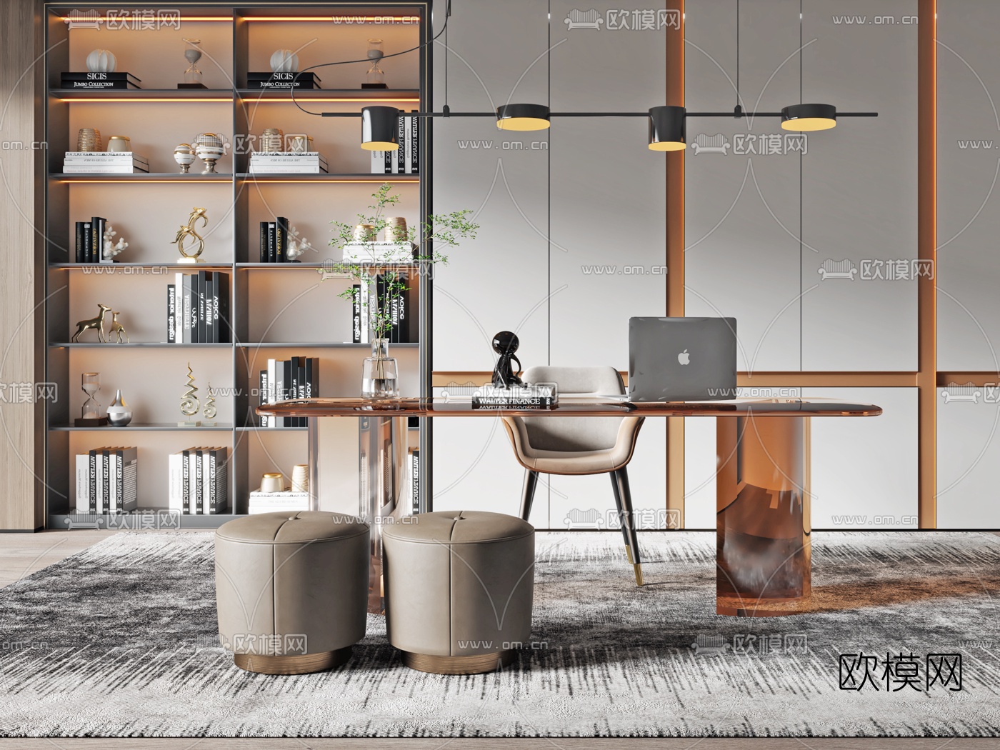 现代亚克力透明书桌椅3d模型下载