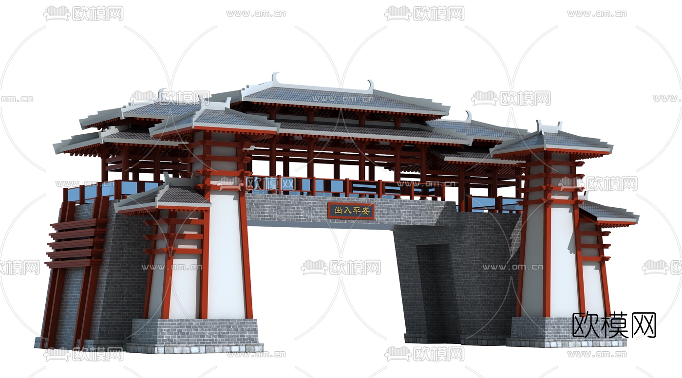 中式古建门楼3d模型下载（渲染图2）