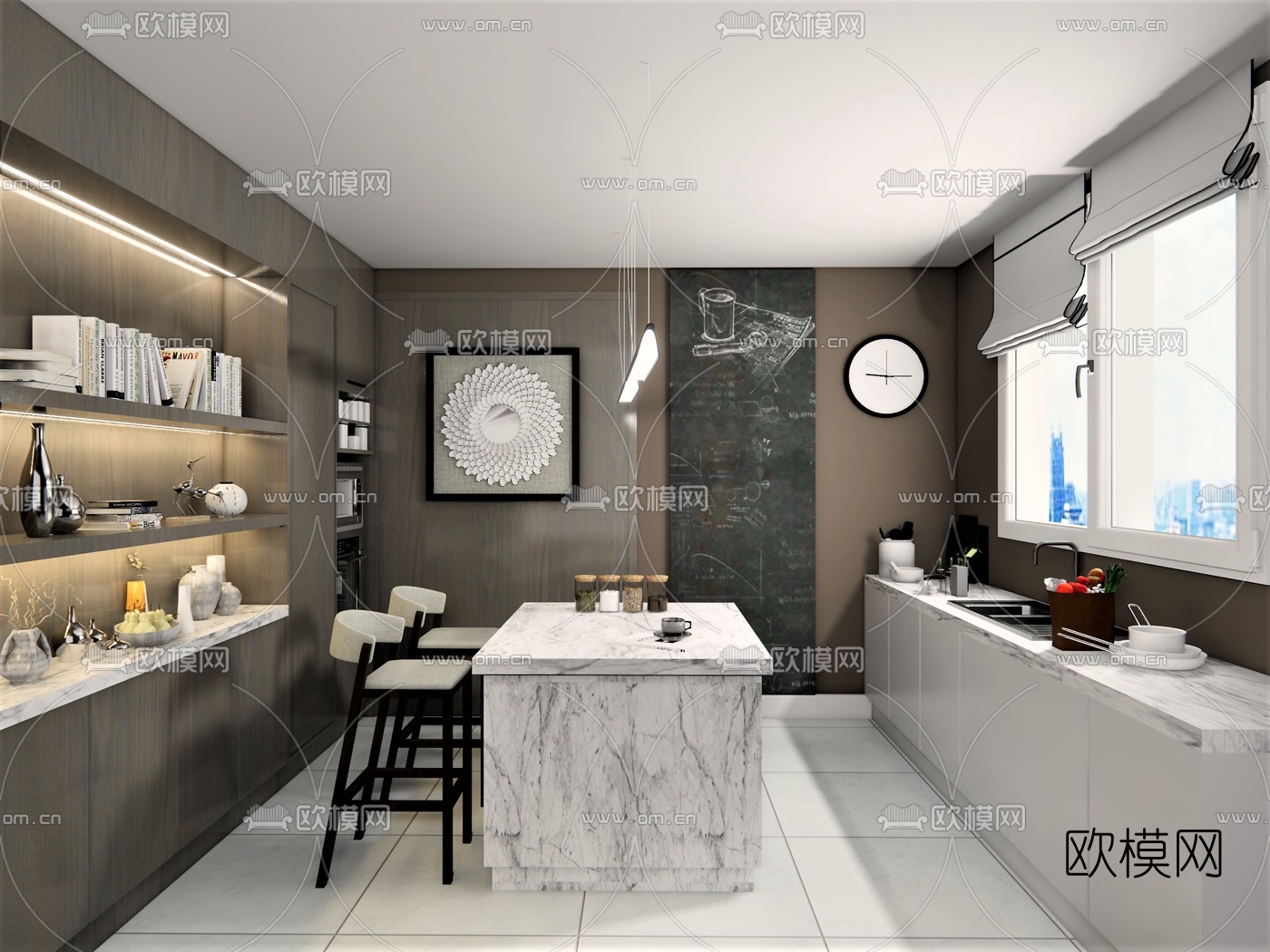 现代厨房中岛台su模型下载（渲染图2）
