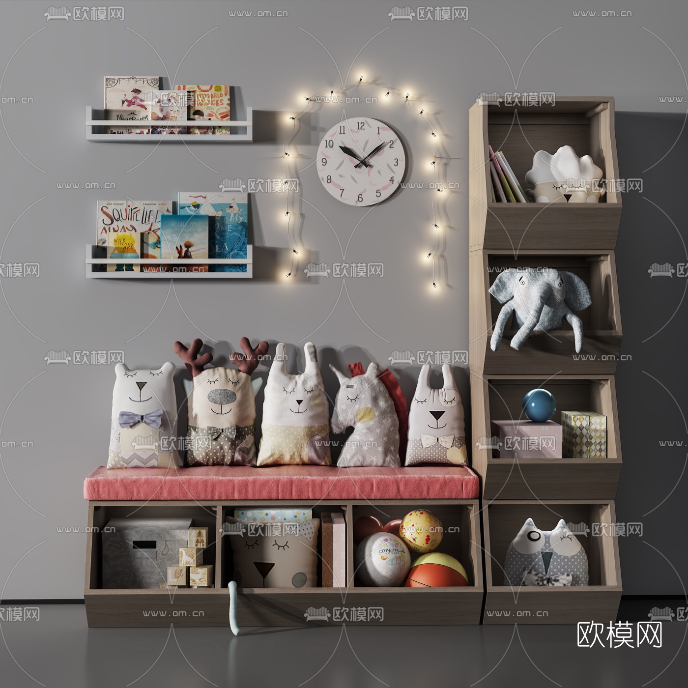 现代儿童玩具收纳柜3d模型下载（渲染图1）