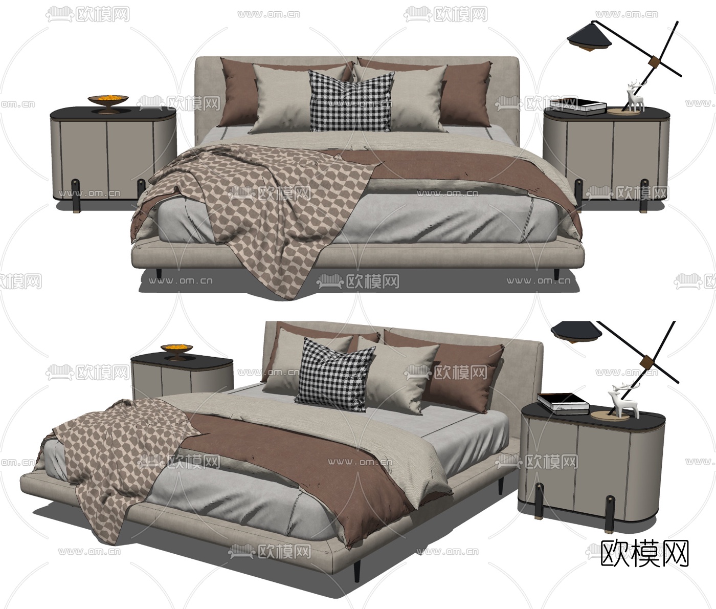 现代布艺双人床su模型下载（渲染图2）