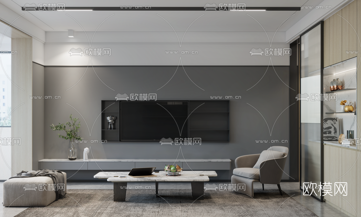 现代公寓客厅3d模型下载（渲染图2）