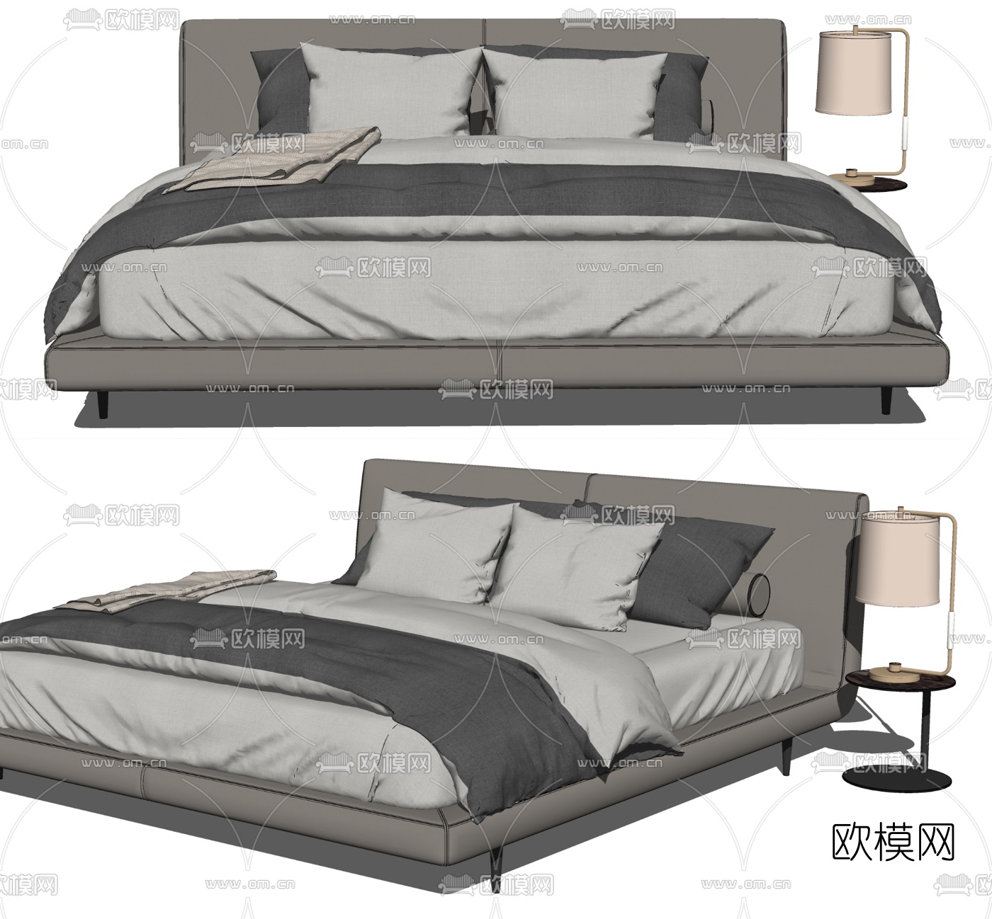 现代布艺双人床su模型下载（渲染图2）