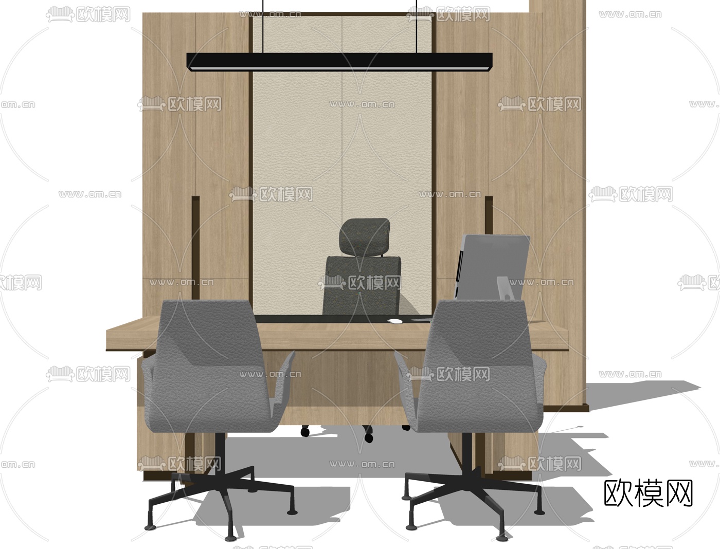 现代实木班台桌su模型下载（渲染图1）