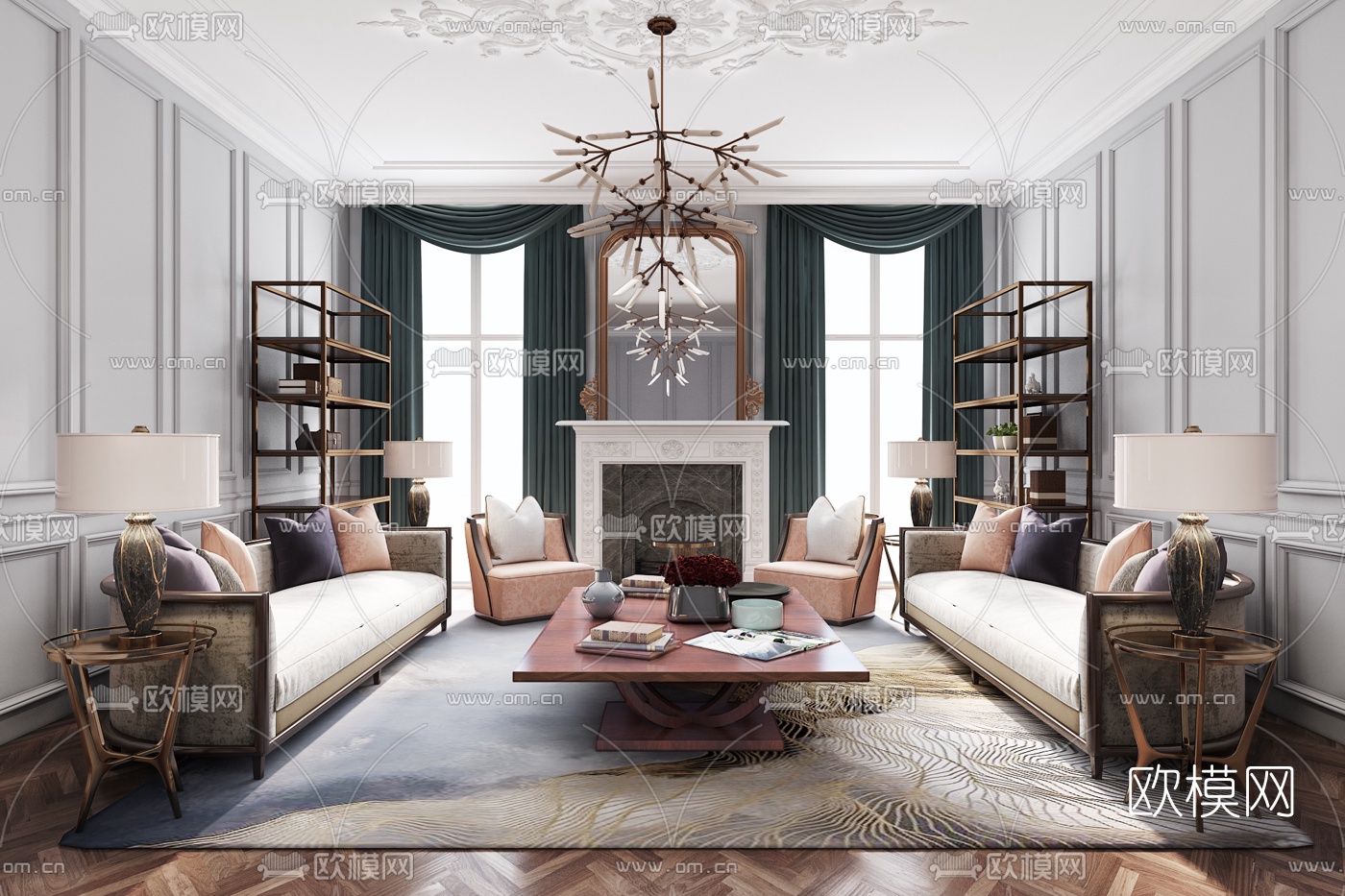 新古典轻奢客厅3d模型下载