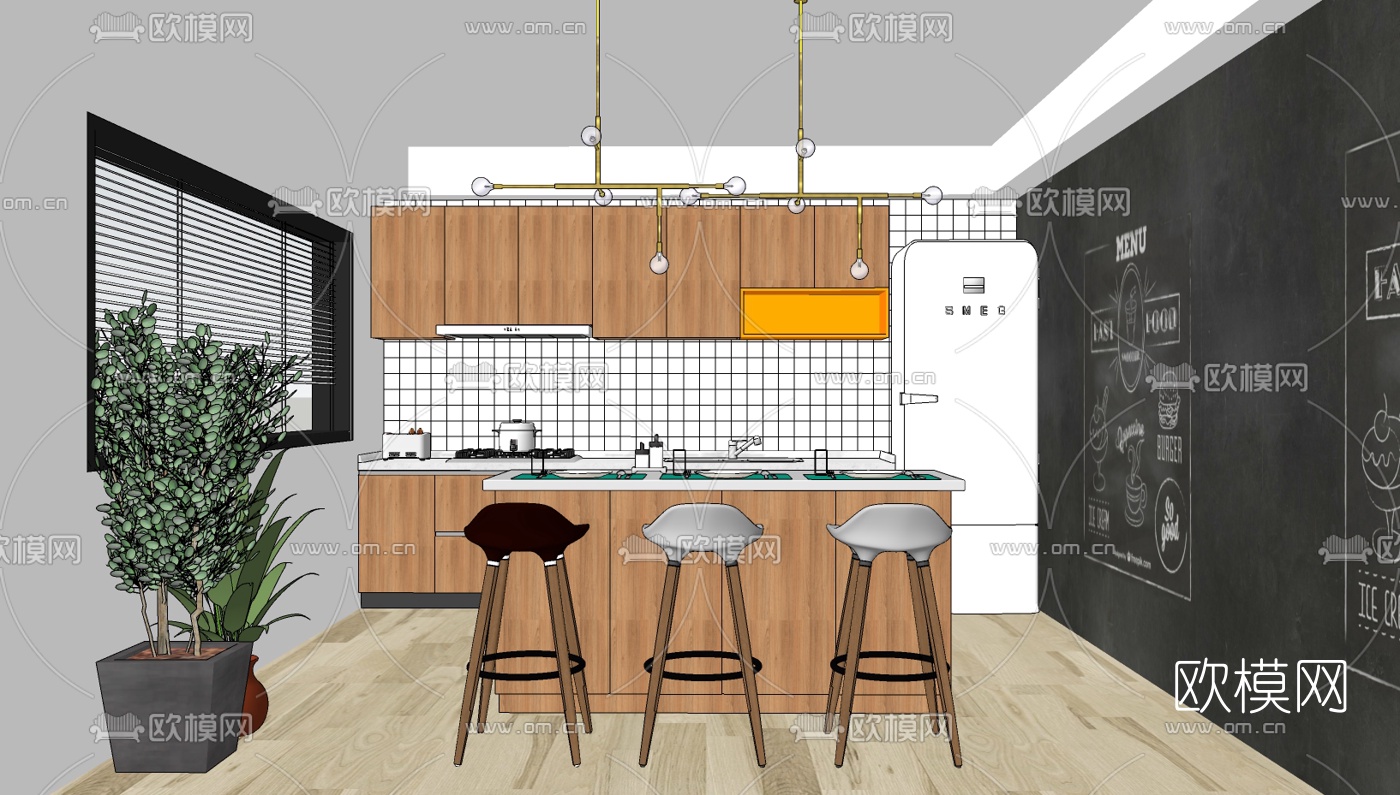 北欧开放式厨房su模型下载