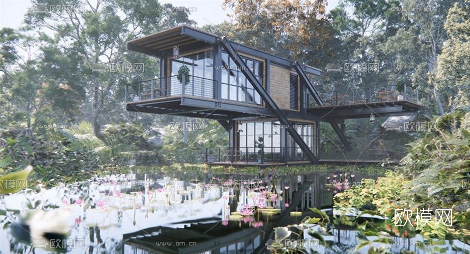 工业风钢架别墅外观su模型下载（渲染图4）