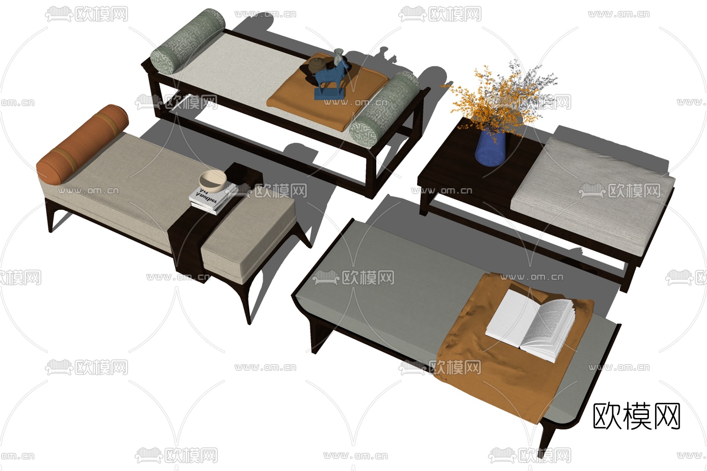新中式实木脚踏su模型下载