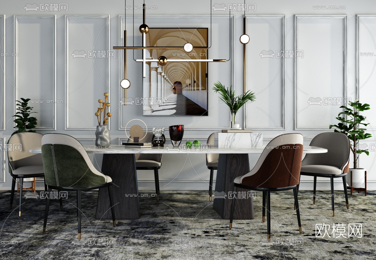 现代轻奢餐桌椅su模型下载（渲染图1）